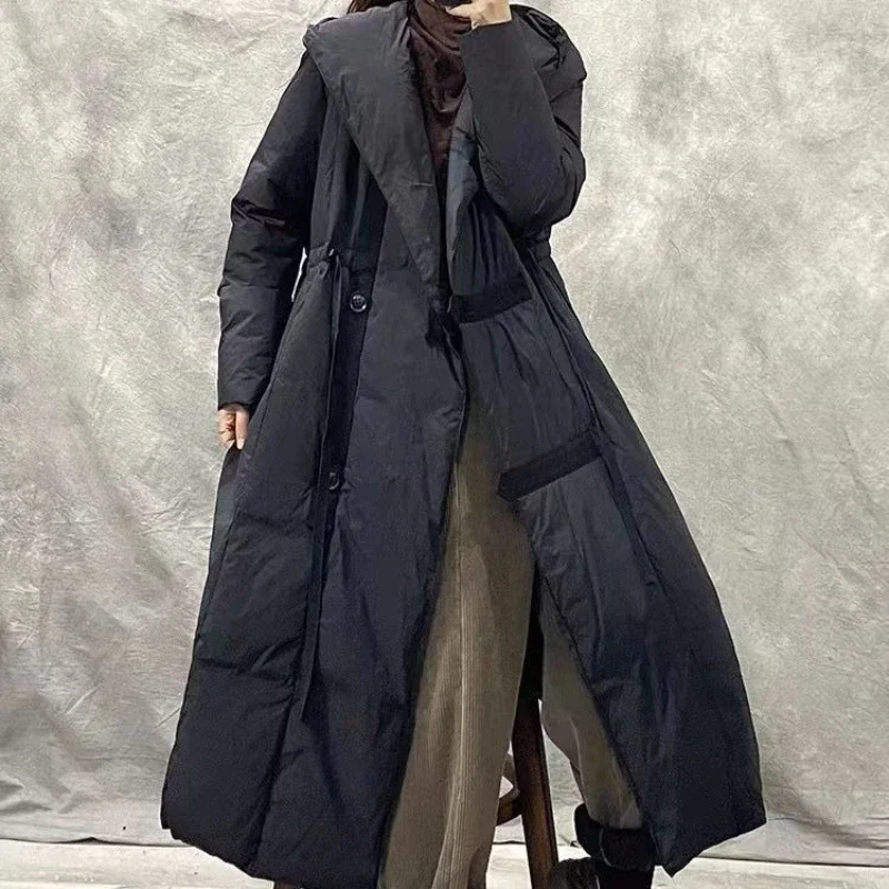 Loose Hooded Long Coat 90 White Duck Down women New Chinese Style Women Down Jacket Winter