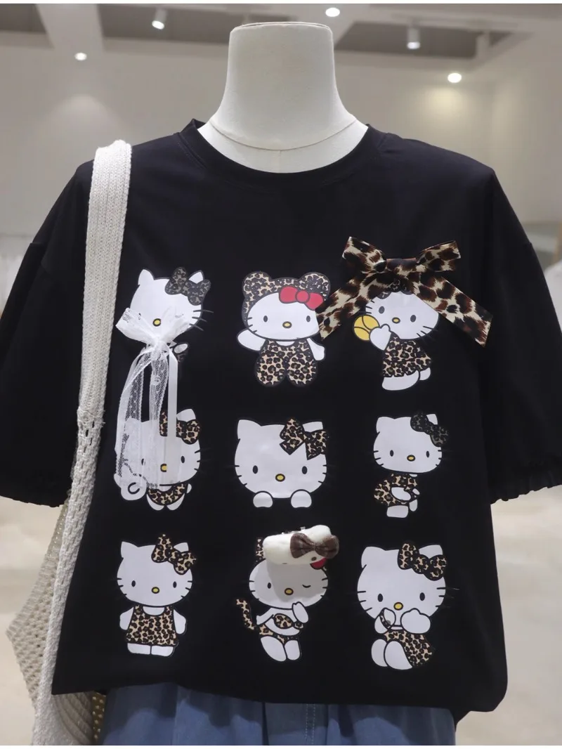 Dziewczęca koszulka z krótkim rękawem, z kokardą, w panterkę, z motywem kreskówkowym, nowa, letnia, luźna i cienka, z koronkowymi rękawami, bawełniana bluzka damska, odmładzająca.