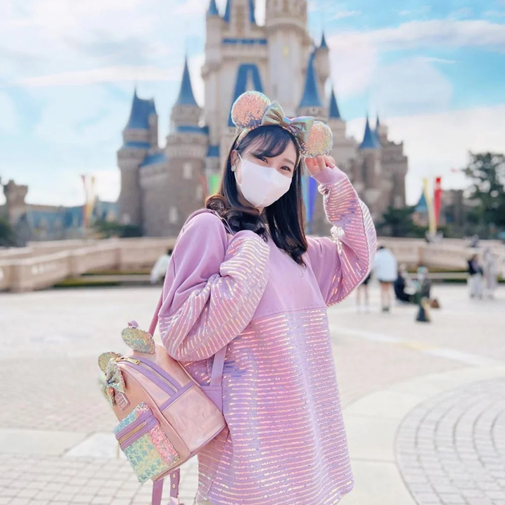 Disney 50th Anniversary Mickey Embroidery Fleece Sweatshirt Women Disneyland Letter Shiny Sequins Loose Pullover Casual Jupmer