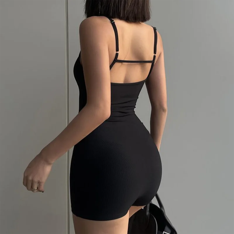 Fashion Solid Backless Tank Bodysuit Top Sexy Sporty U-neck Slim Rompers Bodycon One-piece Jogger Shorts Playsuits Women