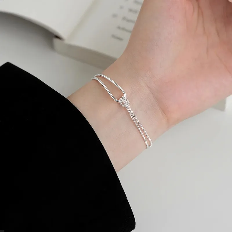 Exquisite Simple 925 Sterling Silver Asymmetrical Chain Knotted Hollowed Bracelet for Women Girls Korean Jewelry Accessory Gifts view 2