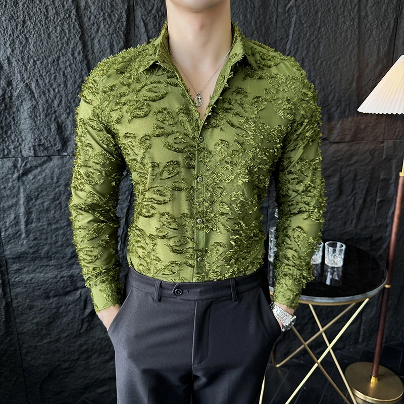 

Tassels Shirts For Men Korean New Autumn Winter Long Sleeve Men's Social Shirt Slim Fit All Match Plain Color Blouse Homme 4XL-M