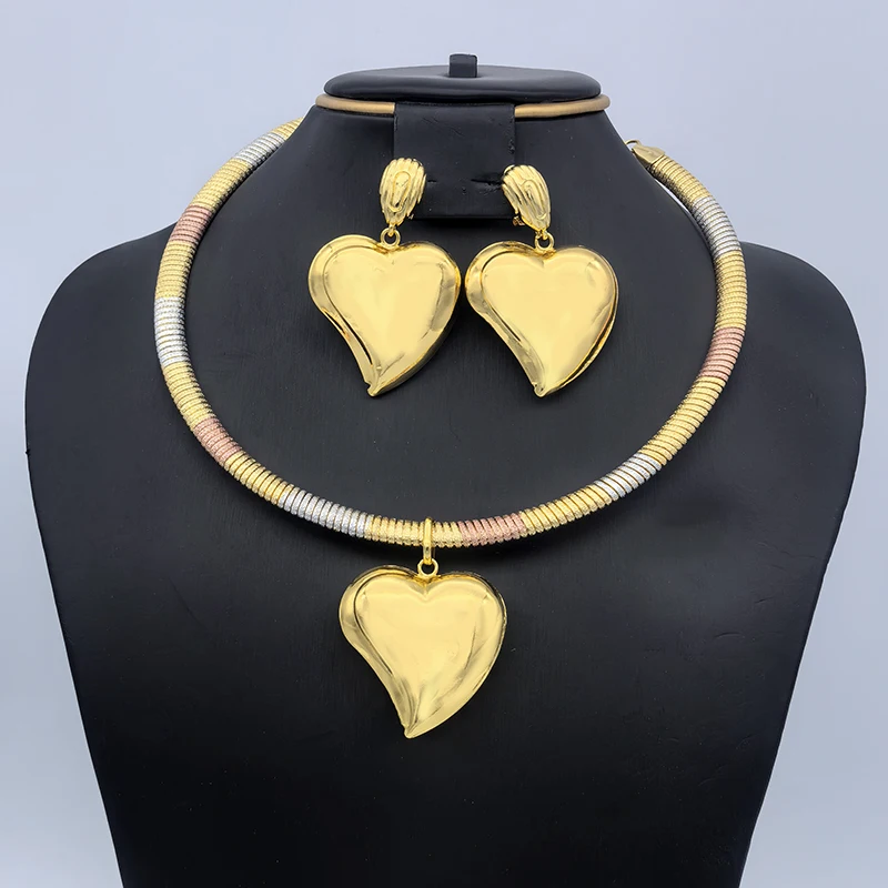 Комплект серег и ожерелья, ювелирные изделия, кулон в форме сердца и любви, золотой цвет, медь, свадебные подарки на день рождения, большой размер