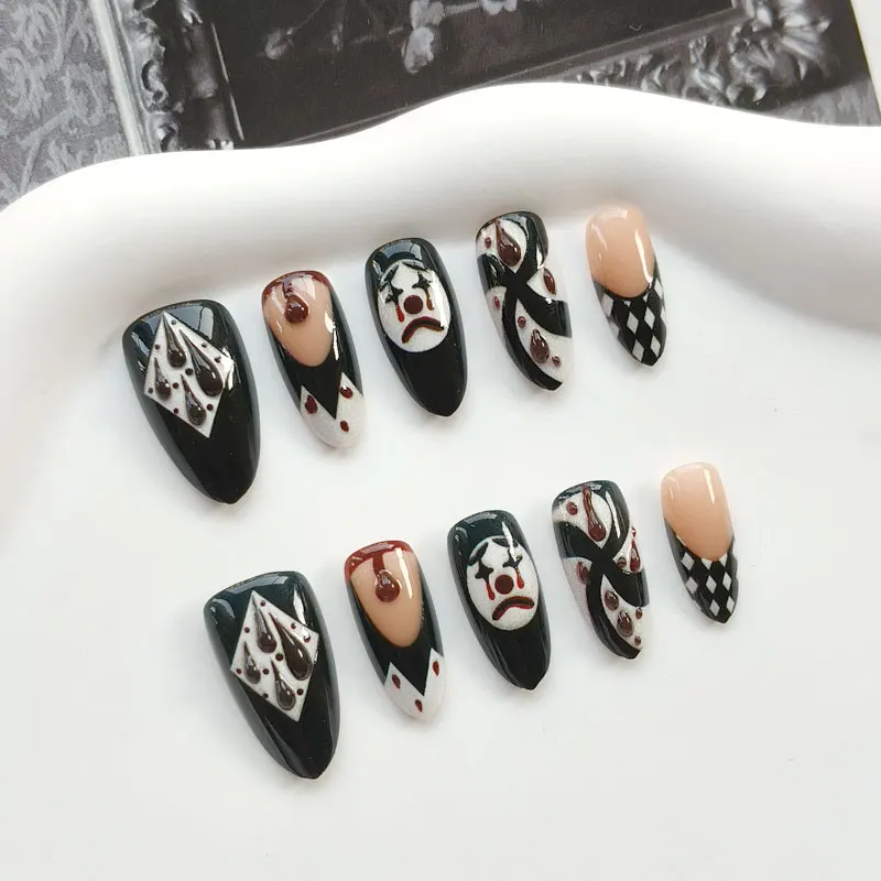 10 Stück niedliche, verspielte Clown-Maske, zum Aufkleben, künstliche Nägel, für Mädchen und Damen, abnehmbare Nagelspitzen, Karneval, süß, cool, Party – Detail 4