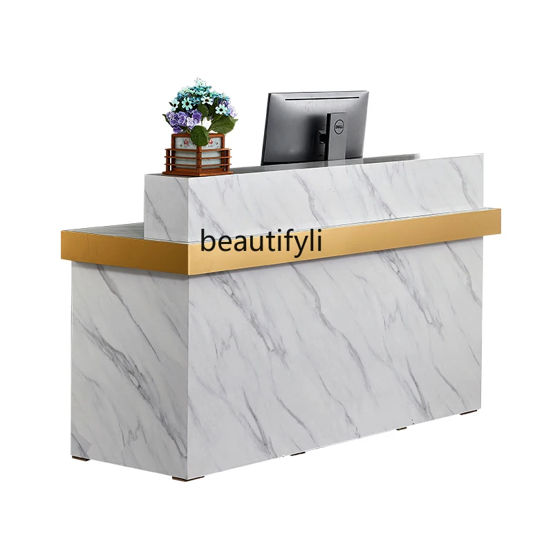 

Light Luxury Stainless Steel Cashier Clothing Store Beauty Salon Small Bar Imitation Marble Front Desk