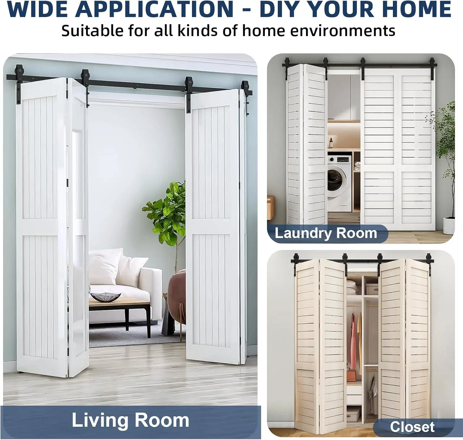 طقم أجهزة باب الحظيرة المنزلق ثنائي الطي مقاس 72 بوصة، أجهزة باب ثنائية الطي مثبتة على الجانب باللون الأسود لـ 4 أبواب (الباب غير متضمن)