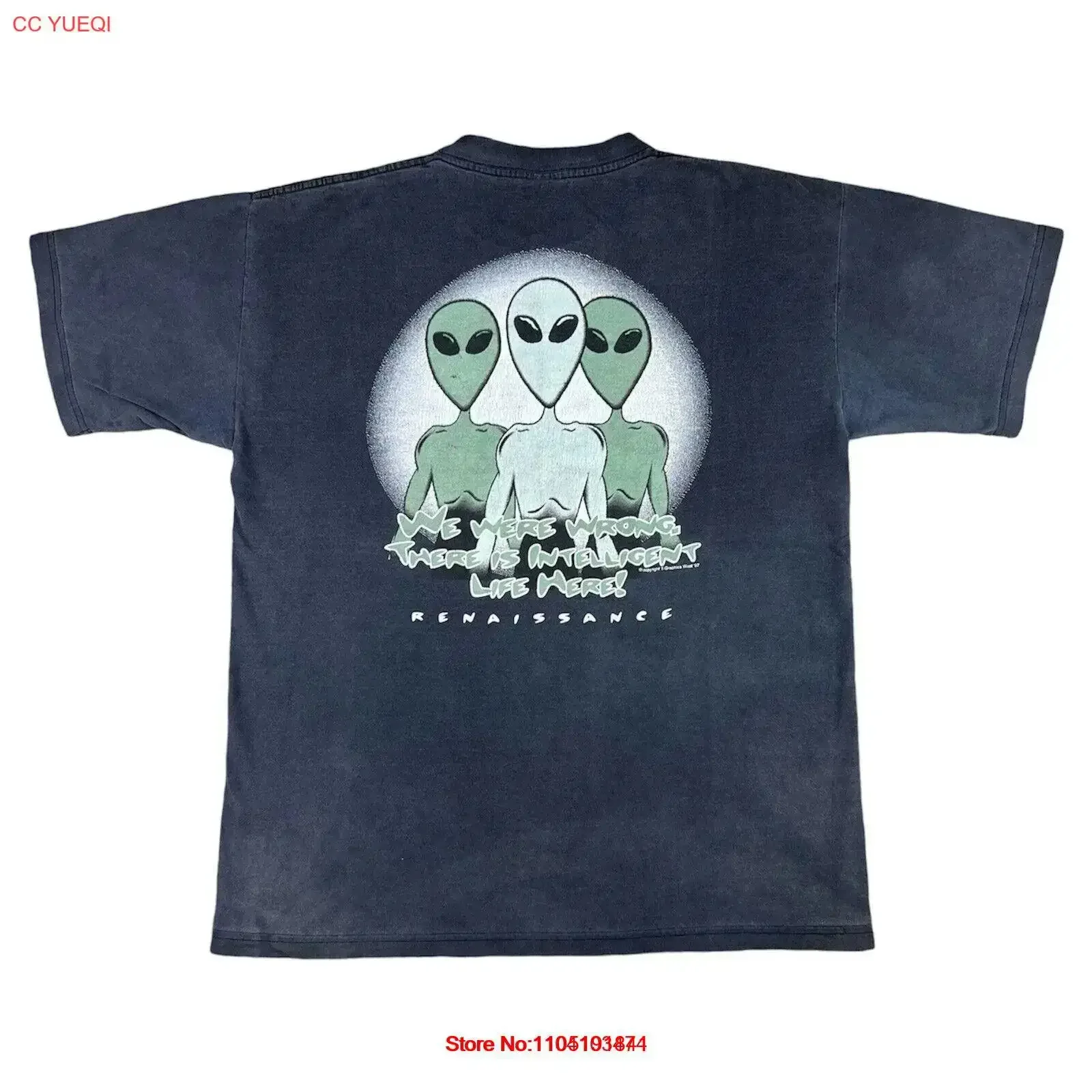 

Vintage Alien T Shirt 90s Faded Black Adult XL Renaissance UFO Skate High School vintage Washed Versatile Comfortable Stylish