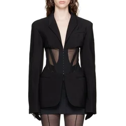 Giacca da donna 2024 New French Casual Fishbone vita Mesh Splicing Slim See-through Small Suit n.