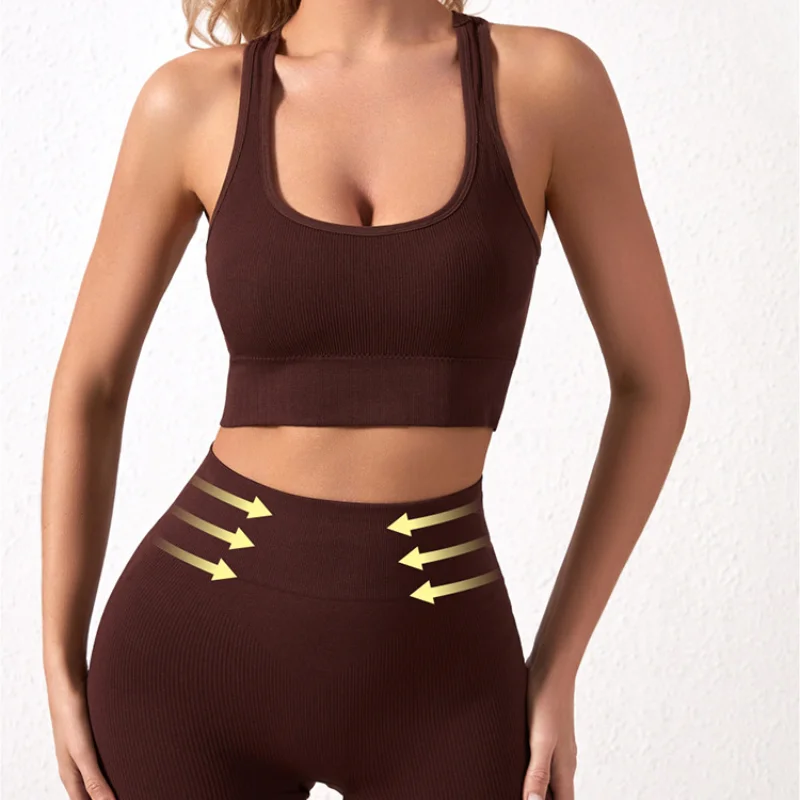 New solid color work back seamless knitting bra belly compression shorts sports running fitness yoga 2 piece set image 5