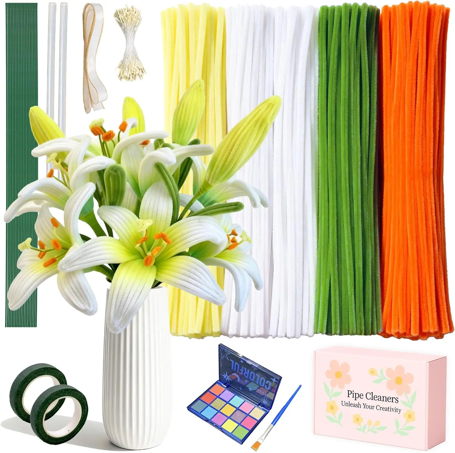 

500 Pcs Bulk Craft Pipe Cleaners for DIY Flower Making Kit with Floral Wire, Gardening Tape, Stamen & Ribbon
