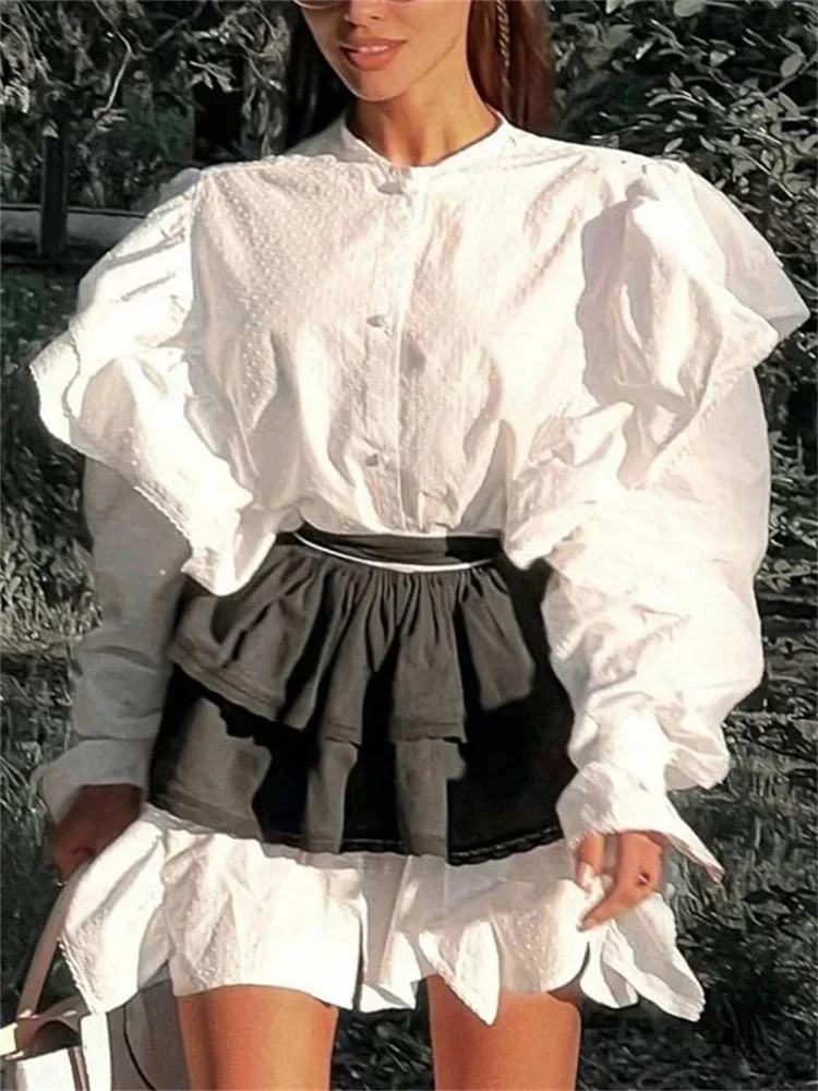 Ruffled Patchwork Fashion Mini Dress Women High Waist Shirts Elegant Party Looks 2 Piece-Set Mini Dress Women White Dress