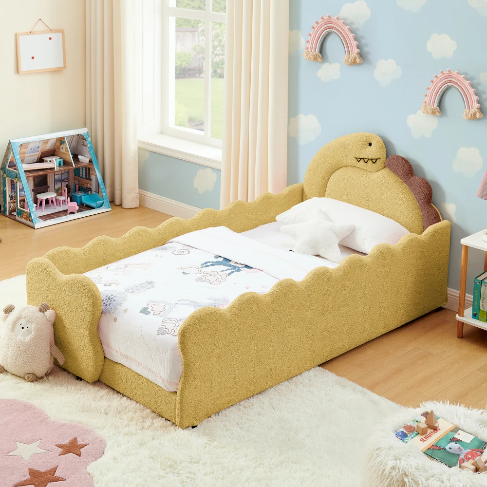 Twin Size Cute Dinosaur-Shaped Kids Bed Frame, Boucle Fabric Toddler Platform Bed with Safety Guardrails, Solid Wood Children Sleeping Bed for Boys Girls Bedroom Furniture