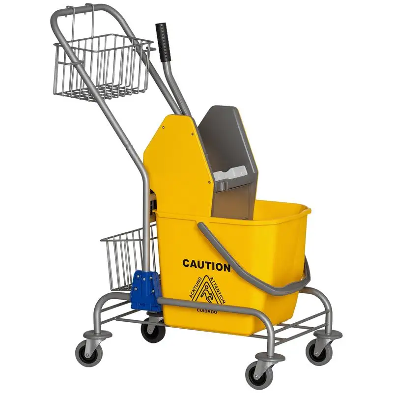 Chariot de lavage professionnel, presse à mâchoires, seau 26 L + panier de rangement jaune