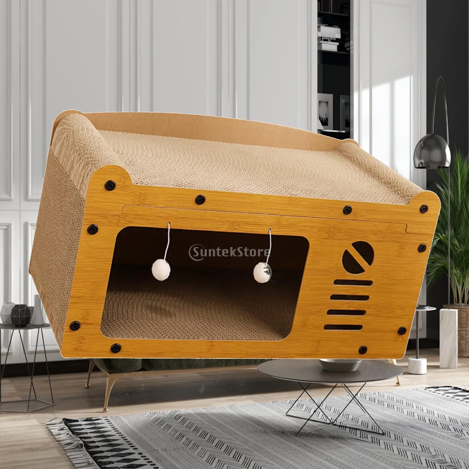 Corrugated Cat House with Scratcher Play Structure Cardboard Cat Lounge Box Scratching Board Pad for Indoor Cats
