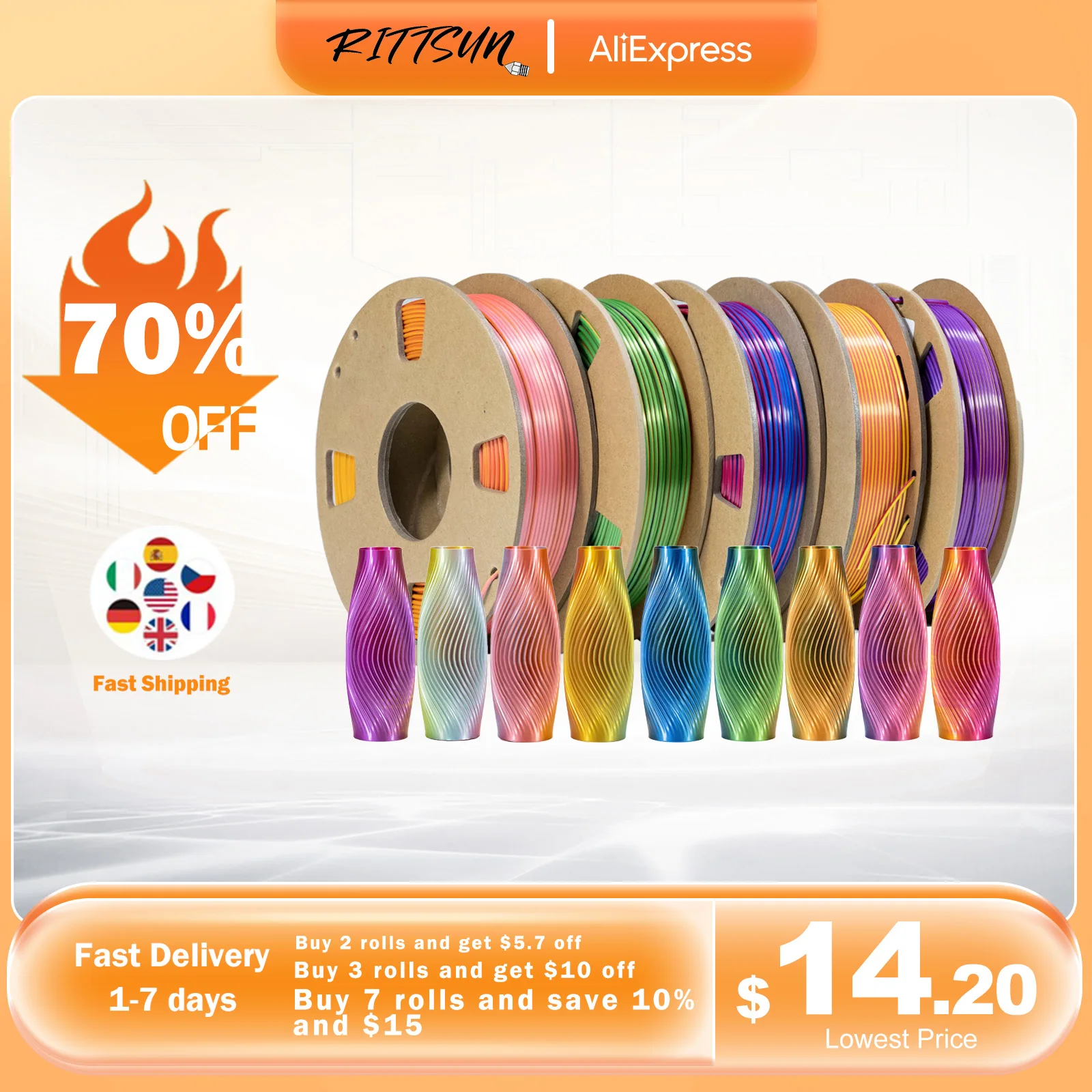 RITTSUN Silk PLA Tri-Color Filament 1.75MM 1KG Spool Magic Silk PLA New Arrival 3D Plastic For High Speed Print Fast Shipping