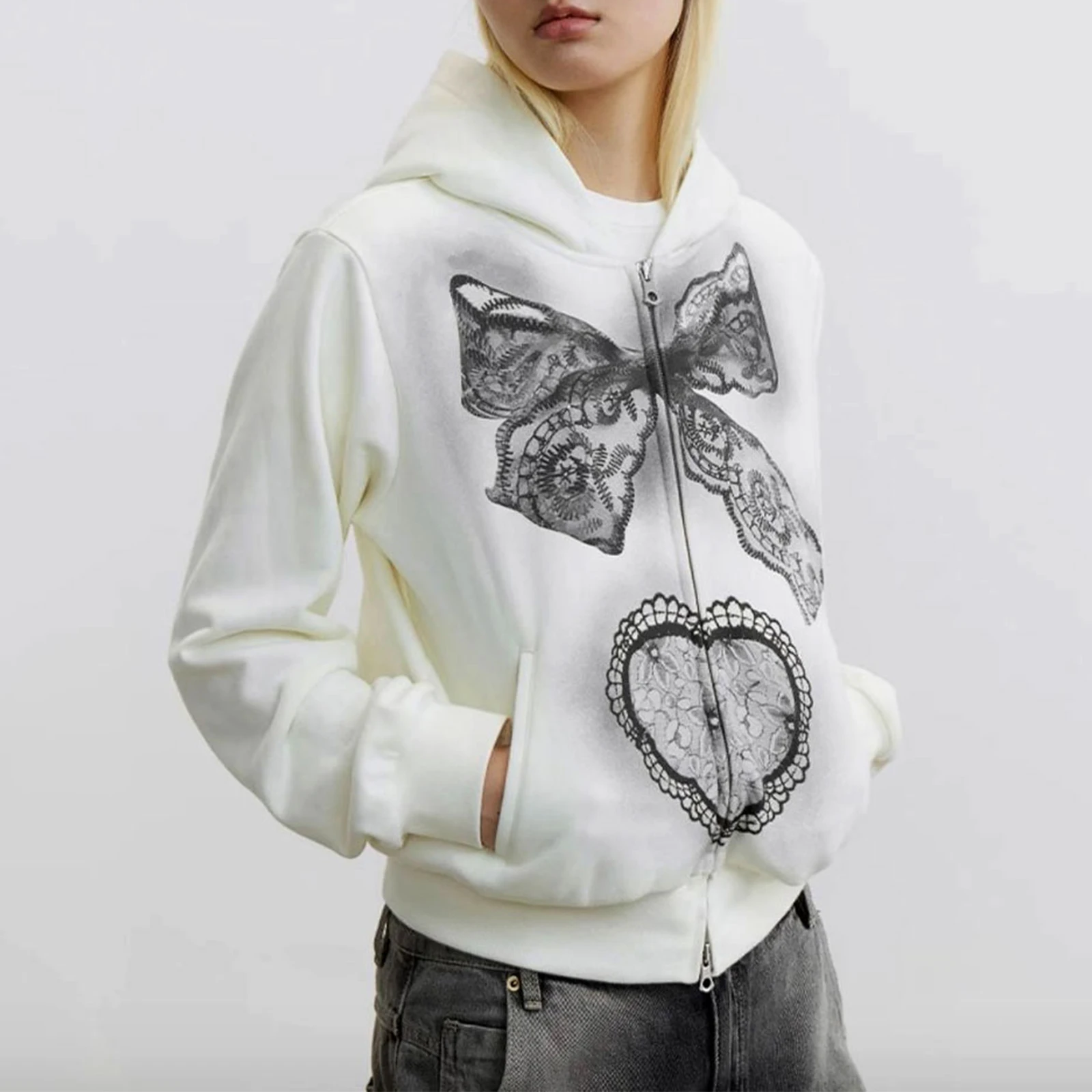 Women's Fall Zip Up Hoodies with Pockets Stylish Butterfly Love Heart Embroidery Long Sleeve Loose Casual Sweatshirts