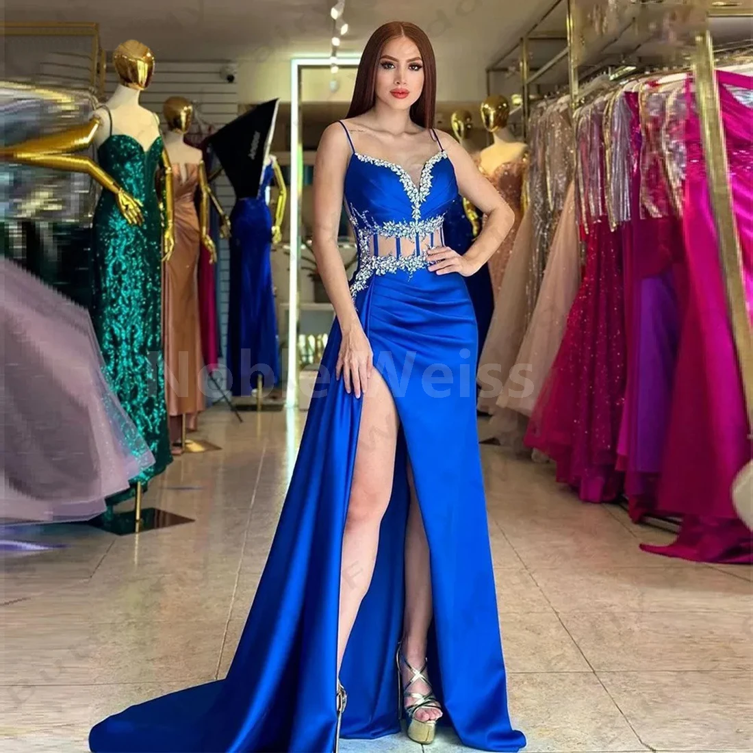 

Gorgeous Beaded On Chest Sexy Spaghetti Strap Mermaid Prom Dress Satin Blue Evening Dresses