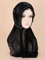 New Exquisite Pearl Black Tulle Butterfly Hot Drill Bottoming Cap Pearl Diamond Set Head Cap musulmano Beanie Sarong Temperament