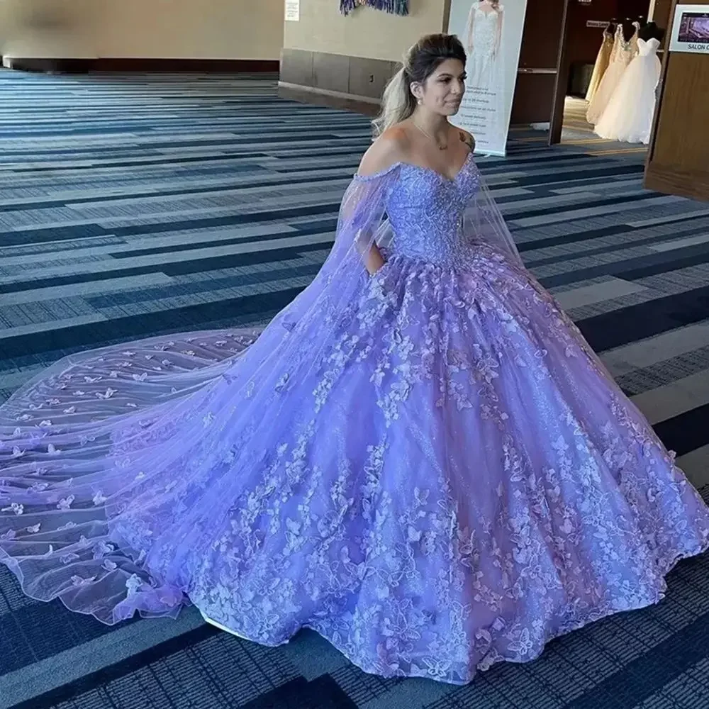 Lavender Sweet 16 Quinceanera Dresses With Cape Pocket Tulle Butterfly Lace Masquerade Birthday Party Gowns Vestido De 15 Anos