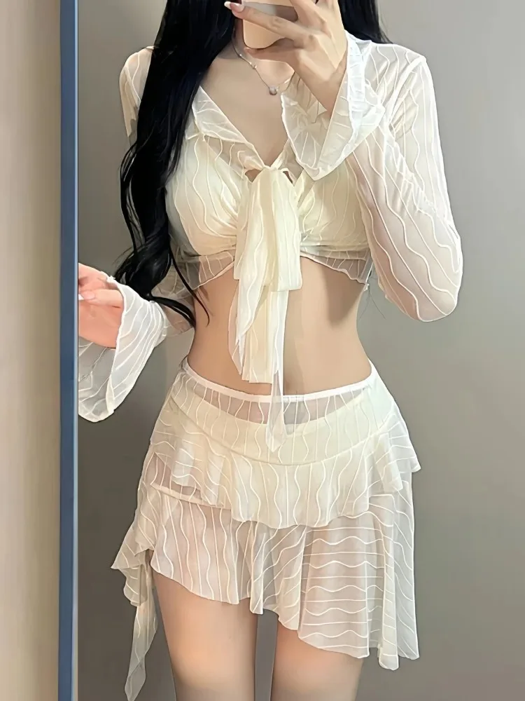 Beach Vacation 2-Piece Split Bikini Set 2026 New Fairy Sweet Women's Print Long Sleeve Swimwear High Waist Beauty Fashion Suits