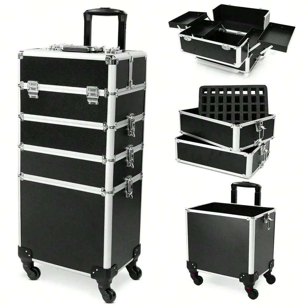 Makeup Train Case Large Storage Cosmetic Trolley 4 In 1 Large Capacity Trolley Makeup Travel Case Salon Barber Case Traveling Ca