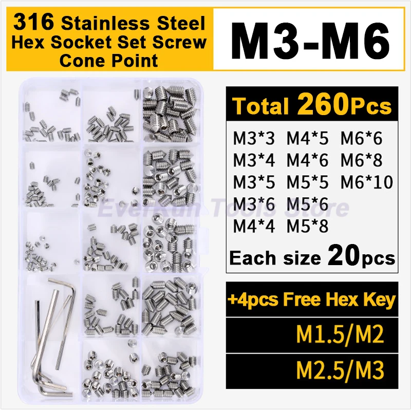 

260Pcs/set M3 M4 M5 M6 316 Stainless Steel Hex Hexagon Socket Allen Cone Point Grub Bolts Set Screw Assorment Kit Free Hex Keys