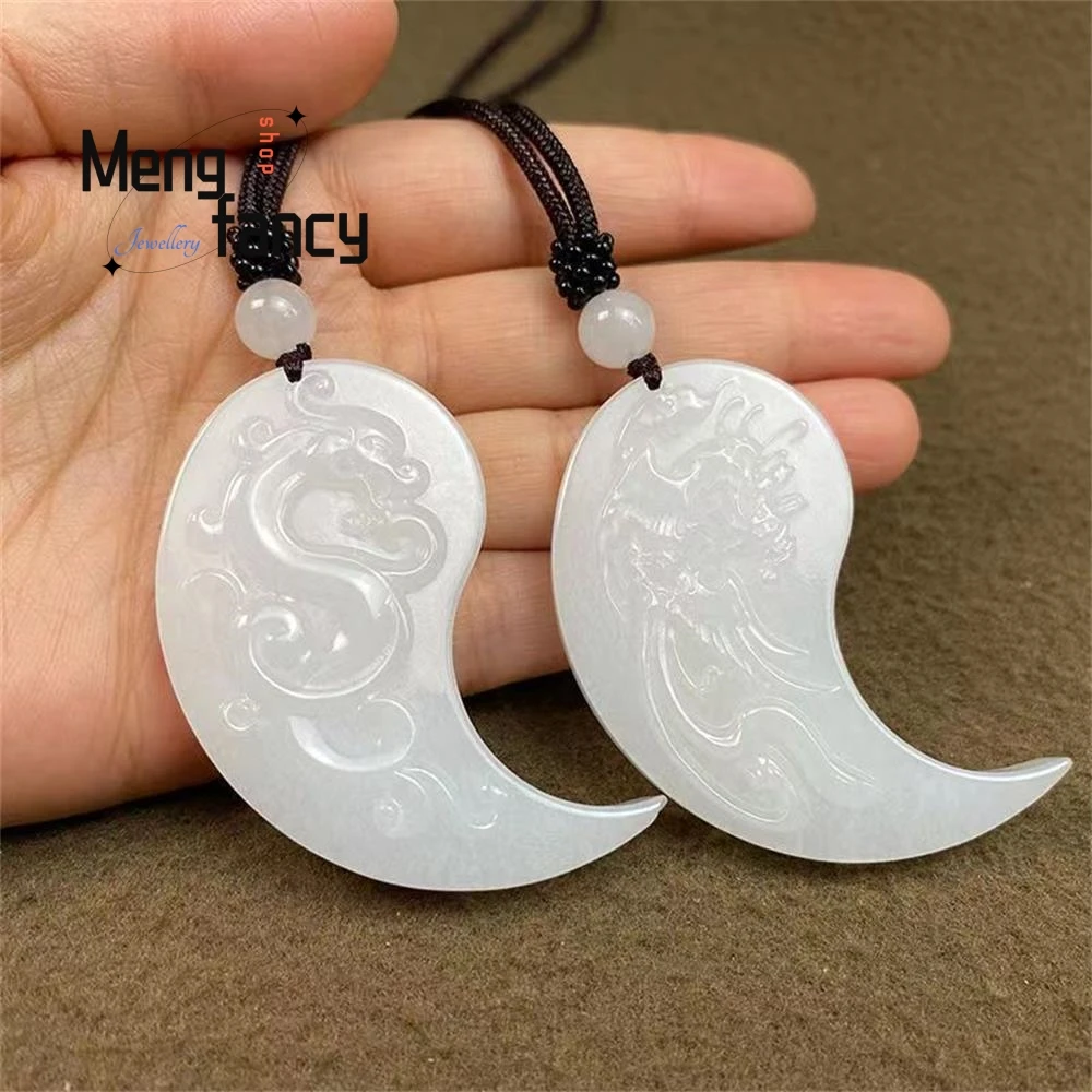 Natural Hetian White Jade Dragon and Phoenix Crescent Pendant Exquisite Elegant Simple High-grade Couple Luxury Fashion Jewelry