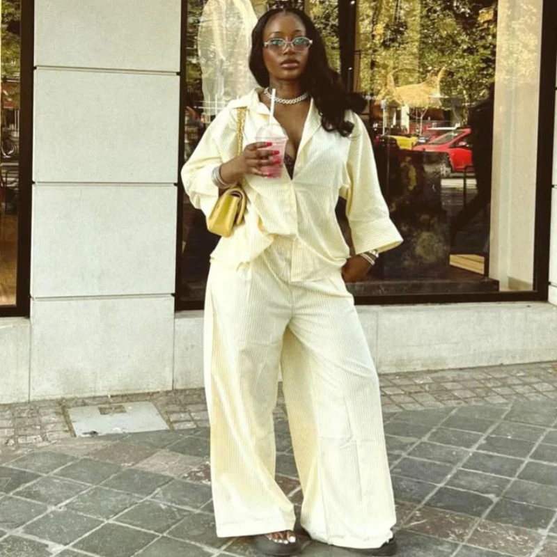 New African Fashion Women Two Piece Set Striped Printed Turn Down Collar Loose Shirt Top And Wide Leg Pants Set