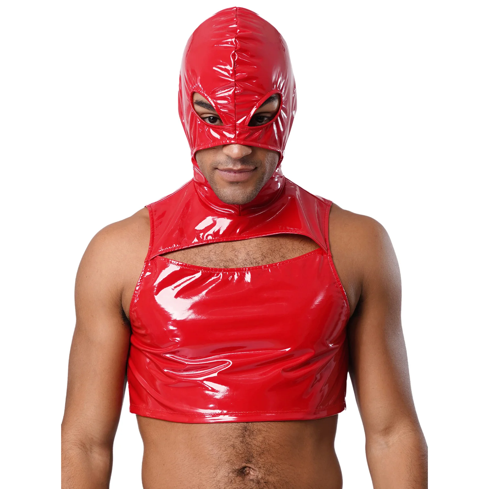 

Men Fashion Wet Look Patent Leather Crop Top Cutout Front Mask Hooded Tops for Nightclub Pole Dancing Raves Party Cosplay Tops