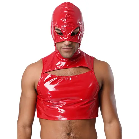 Men Fashion Wet Look Patent Leather Crop Top Cutout Front Mask Hooded Tops for Nightclub Pole Dancing Raves Party Cosplay Tops
