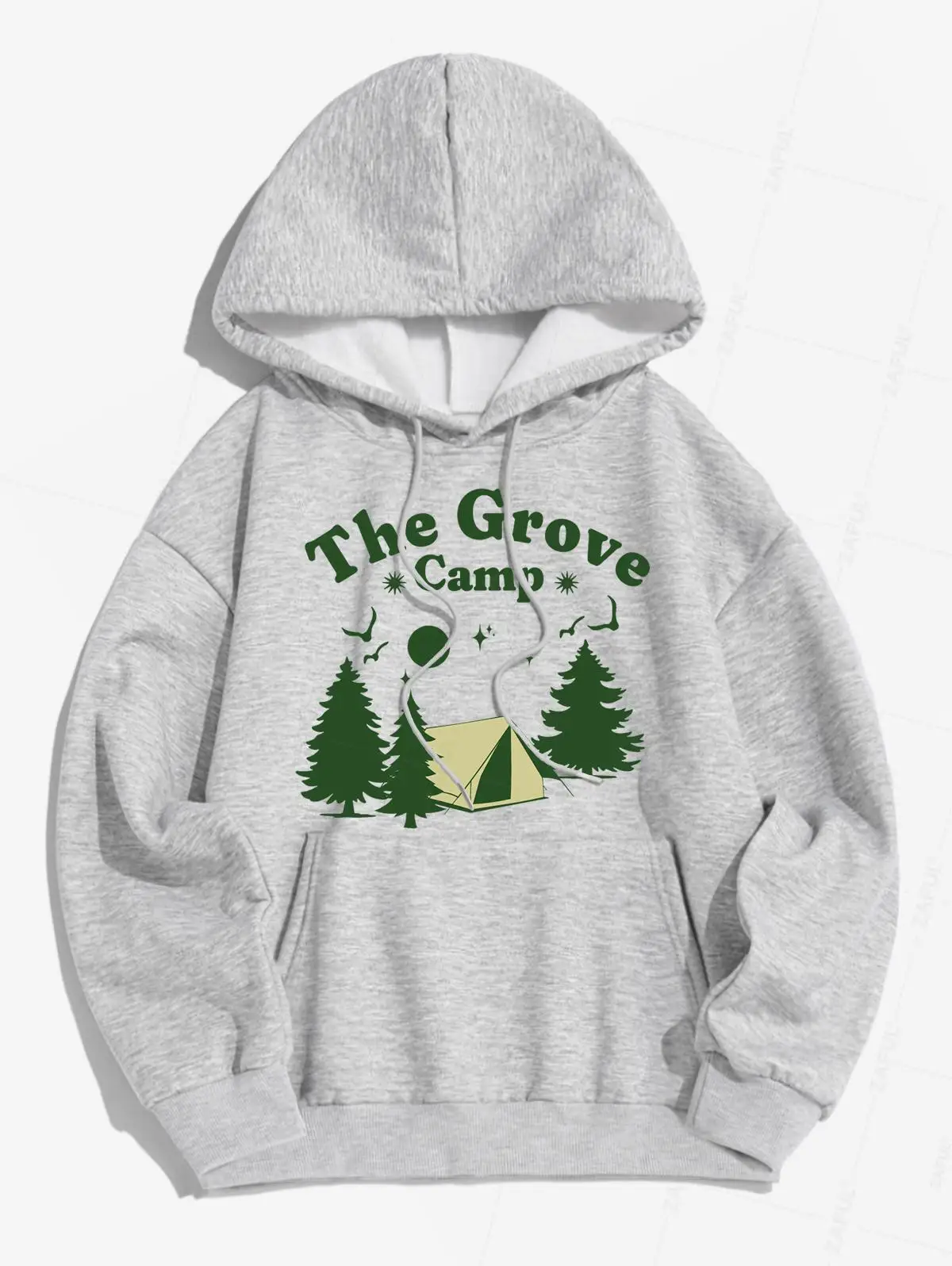 

ZAFUL Women's Casual Letter Trees Tent Sun Star Bird Graphic Printed Fleece-lined Kangaroo Pocket Design Pullover Hoodie
