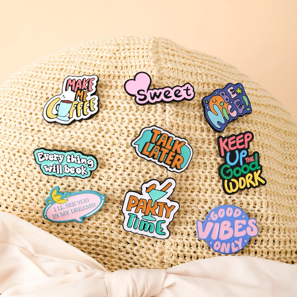 Colorful Enamel Letter Collection Pins Fine Words Everything Will Be OK Nice Make Me Coffee Hard Brooches Gift For Friend