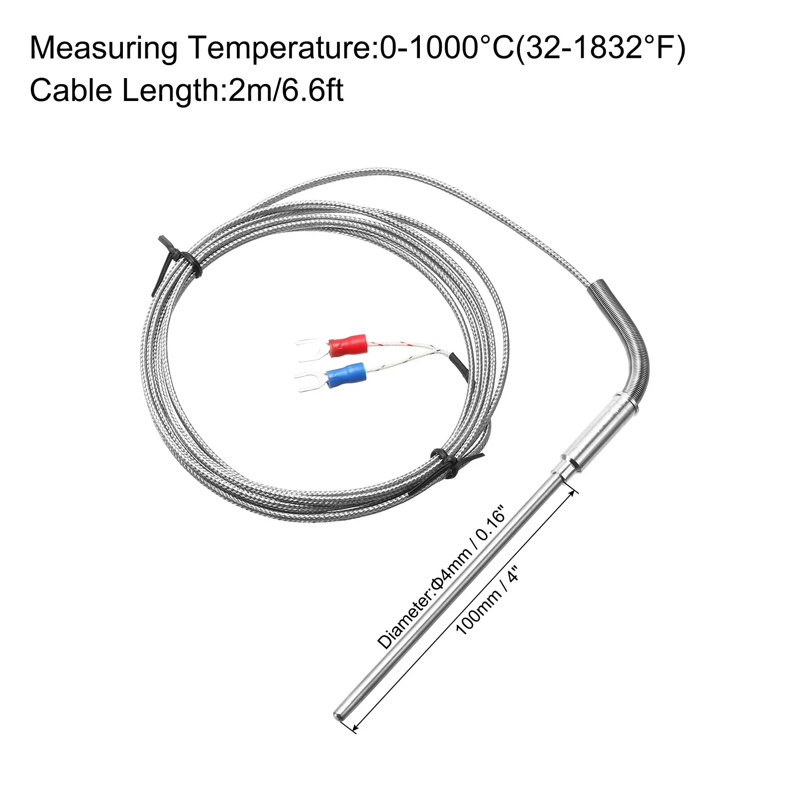 K Type Thermocouple  Sensor Probe 4x100mm 6.6ft Wire