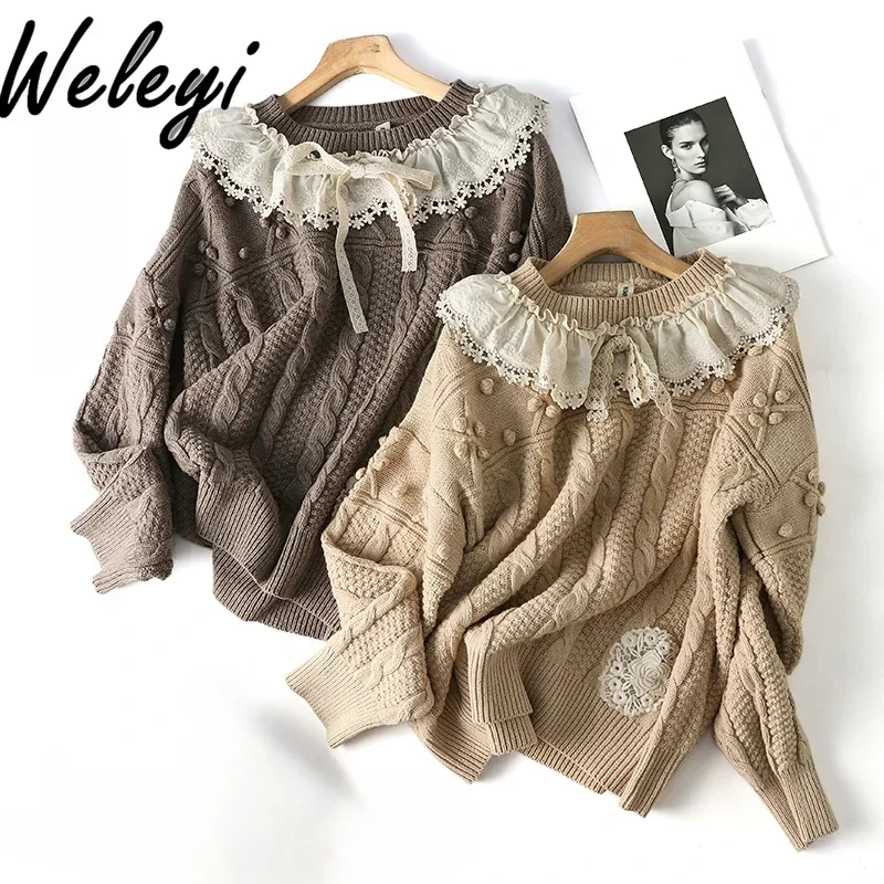 

Sweet Women's Clothing Sweaters Japanese Style 2024 Winter New Versatile Wool Blend Twisted Ruffled Long Sleeve Knitted Pullover