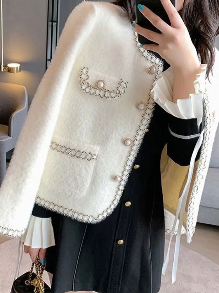 

Твидовый пиджак-пальто оверсайз женский весенний с вставными рукавами, высококачественный, винтажный, с объемной вышивкой, нежный