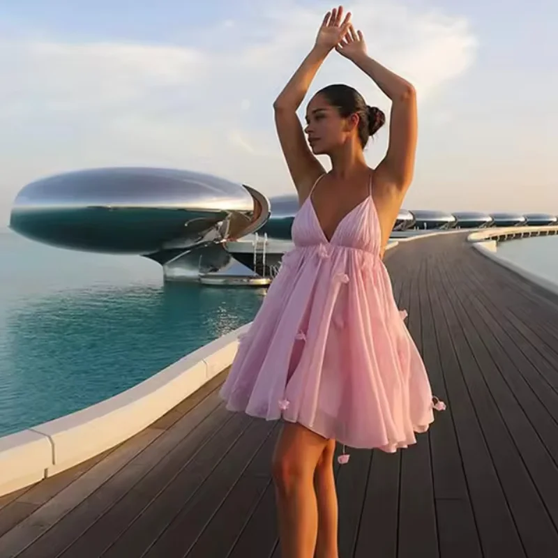 

3D Floral Puff A-line Mini Dress Women Summer V-neck Backless Lace Up Off Shoulde Sexy Vestido Lady Vacation Beachwear 2025