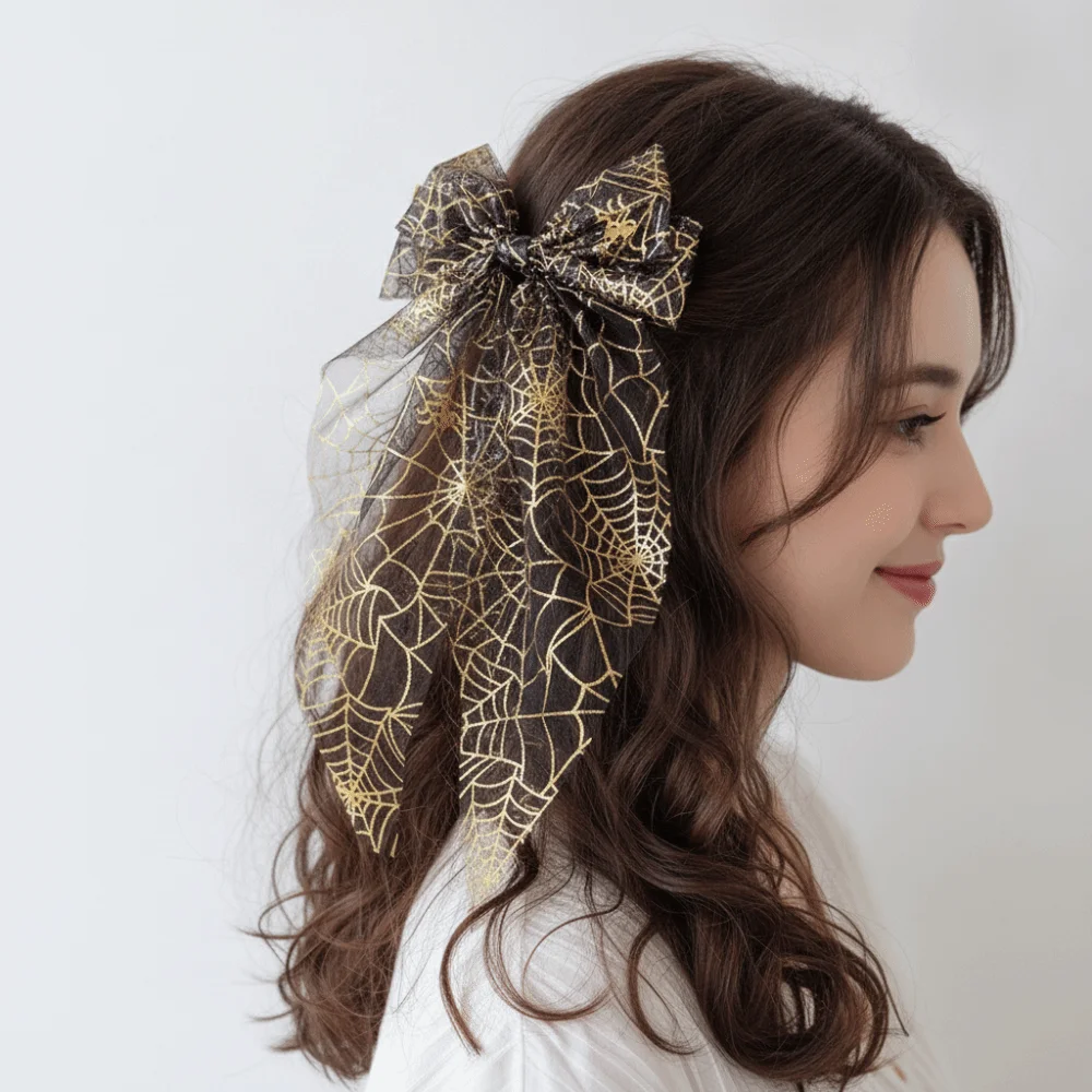 Spider Web Pumpkin Witch Halloween Bow Hair Clip Mesh Tassel Bronzing Transparent Bow Duckbill Clip Long Ribbon Silk Gauze