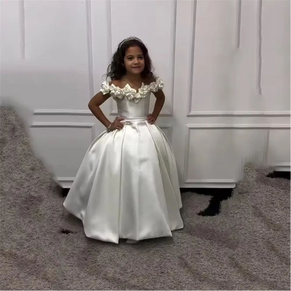

Elegant Satin Flower Girl Dress for Wedding Off Shoulder Baby Girl Birthday Party Dress Kids First Communion Gown Customized