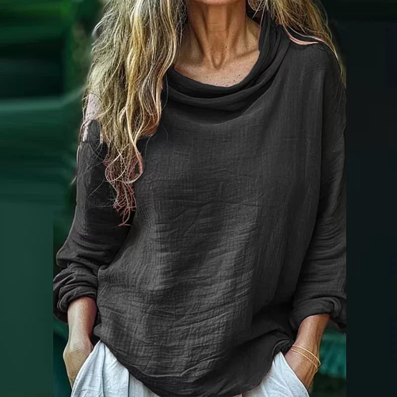 Elegante Lange Mouw Plooien Trui Vrouwen Alle Match Effen Sjaal Kraag Tops Mujer 2025, Nieuwe Lente Lange Mouw Temperament Blouse