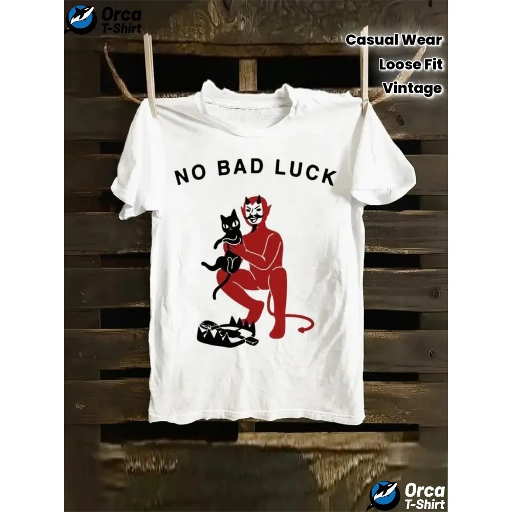 

Women's Vintage Punk "NO BAD LUCK" Demon & Cat Print T-Shirt - 100% Loose Fit Gothic Tee with, S-XXL Casual Summer Top for Edgy