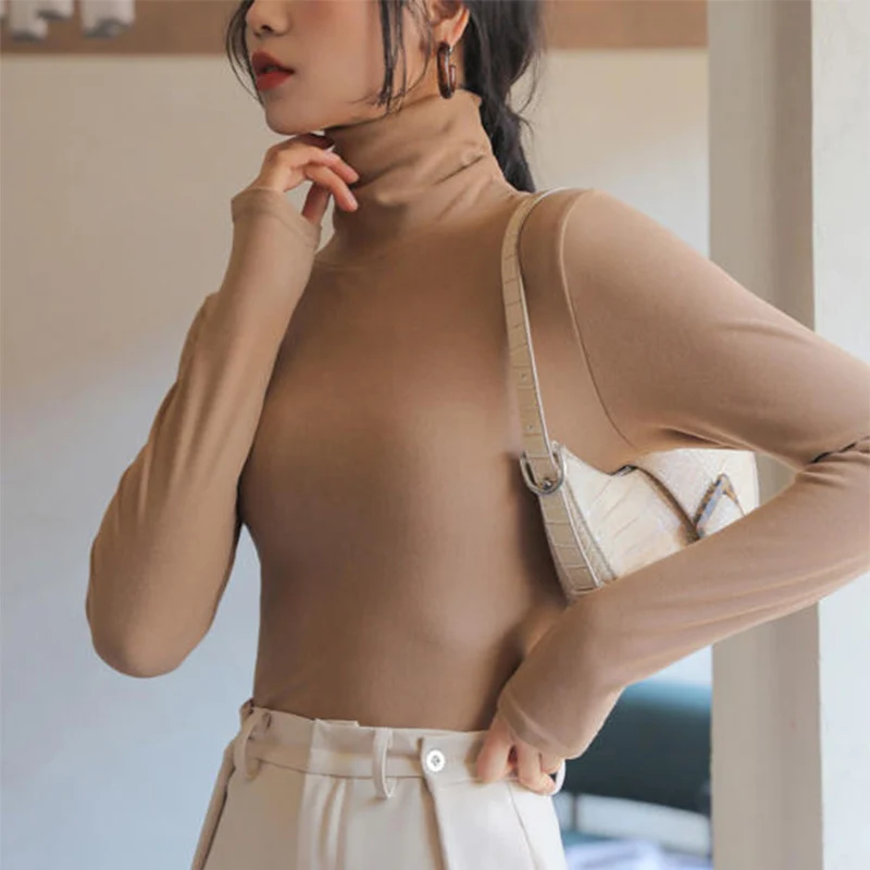 Temperament Turtleneck Modal Bottoming Shirt Women Autumn Winter Warm Basic Base Tees Stretch Slim Office Lady Undershirts Tops