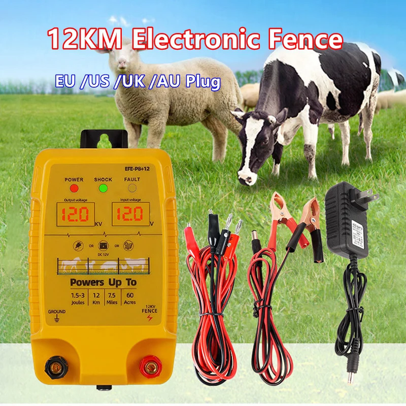 Valla eléctrica de 12KM, pantalla Dual, 1,5-3 joya, ovejas, ganado, caballos, aves de corral, perro, herramienta de controlador de energía de 12V para cautiverio de animales