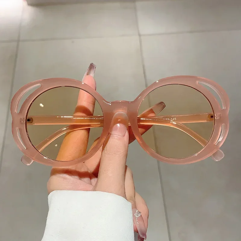 Big Frame Hollow Fashion Vintage Round Sunglasses Women For Female Luxury Brand Designer Sun Glasses Punk Popular Pink Shades