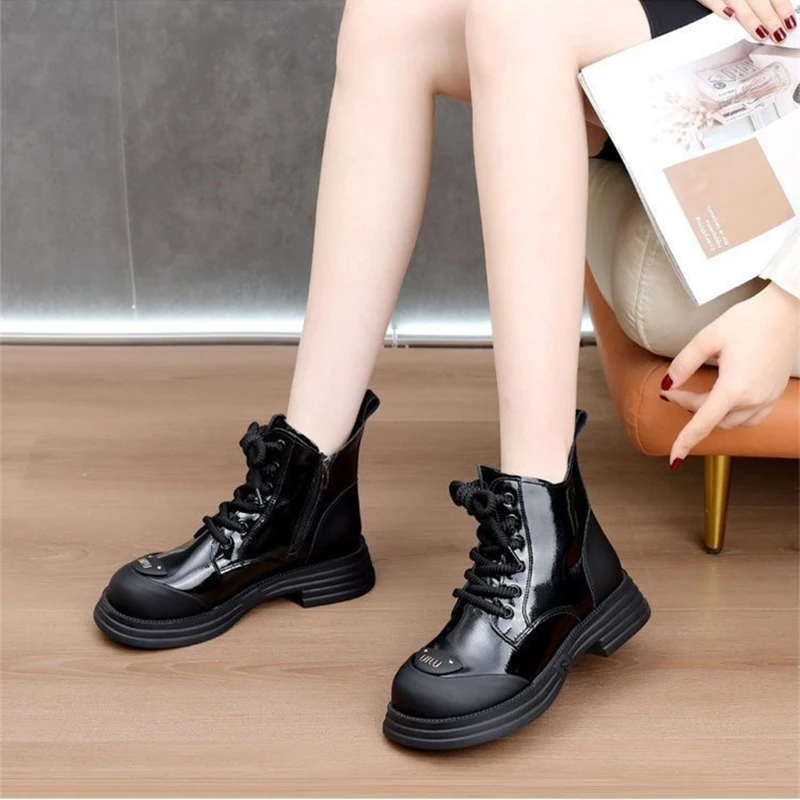 Ankle Boots Women New Winter Round Toe Lace-up Short Boots Women\'s Platform Heightening Designer Knight Boots Women Shoes