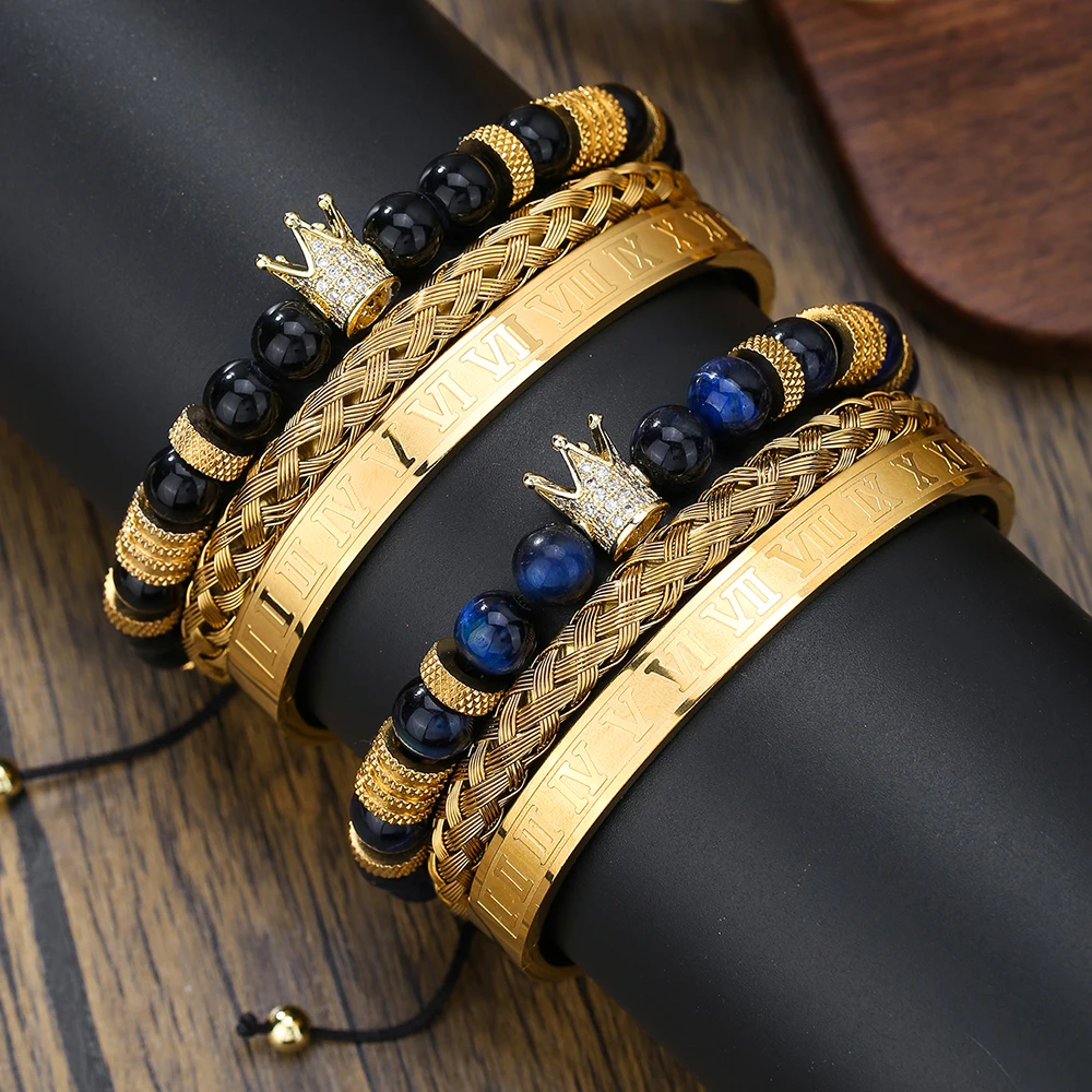 Vintage Crown Black Agate Tigereye Stone Woven Bracelet Roman Numerals Stainless Steel Non-Fading Light Luxury Bracelet for Men