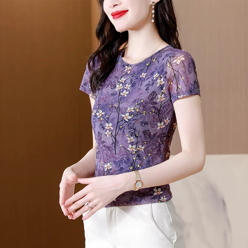 Korean Fashion Women Mesh T-shirt Round Neck Short Sleeve Casual Tops Summer Floral Printed Shirt