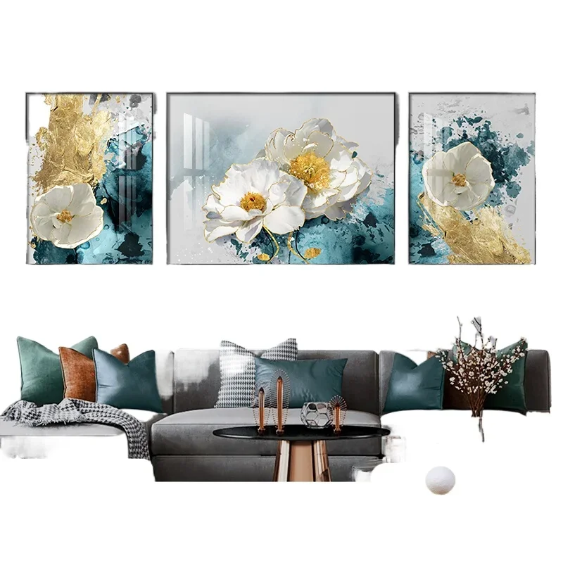 room decorative painting sofa background wall high-grade crystal porcelain mural peony abstract triptych hanging painting