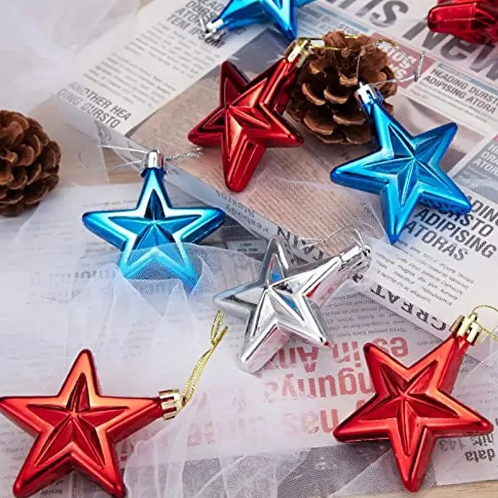 

12pcs Five-Pointed Star Hanging Home Decor Small Ornaments For Mini Tree American Themed Pendant Christmas Star Ornaments