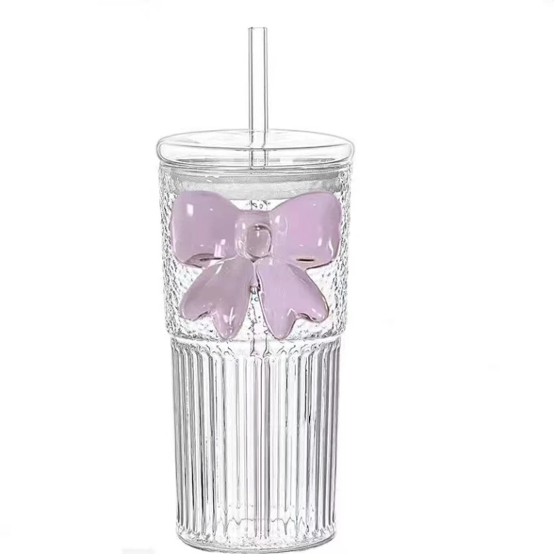 

LH high-value bow cold drink juice cup with lid and straw vertical stripe