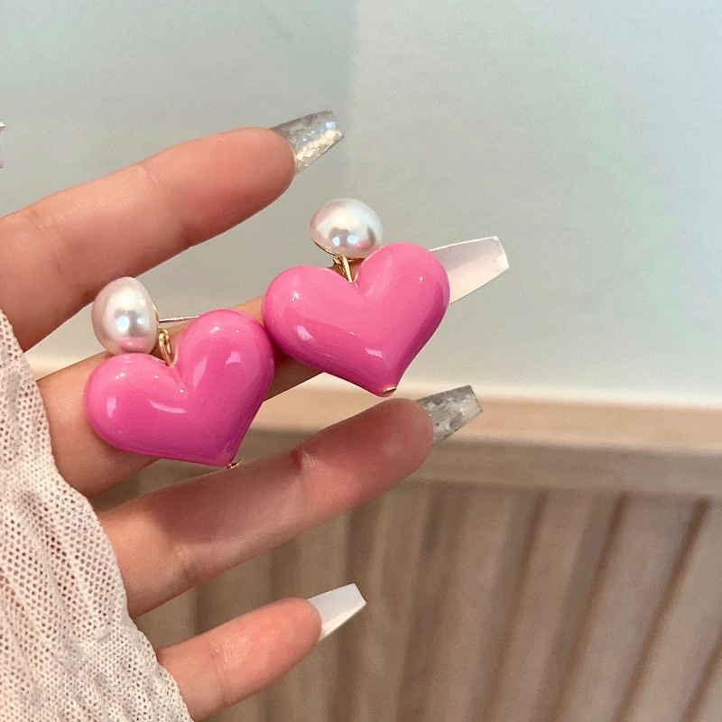 Korean New S925 Silver Needle Death Pink Love Pearl Earrings Fashion Leading Sweet and Cool Earings for Women Jewelry